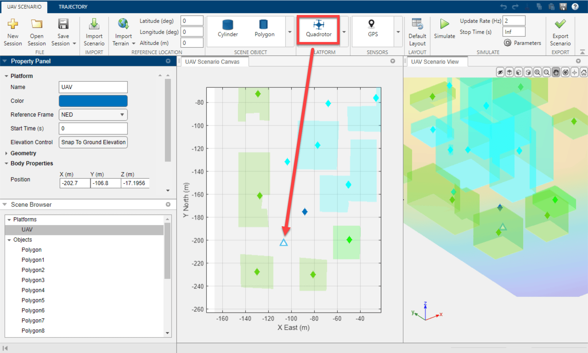 UAV Scenario Designer with Quadrotor button highlighted and a UAV platform named UAV placed among polygon buildings
