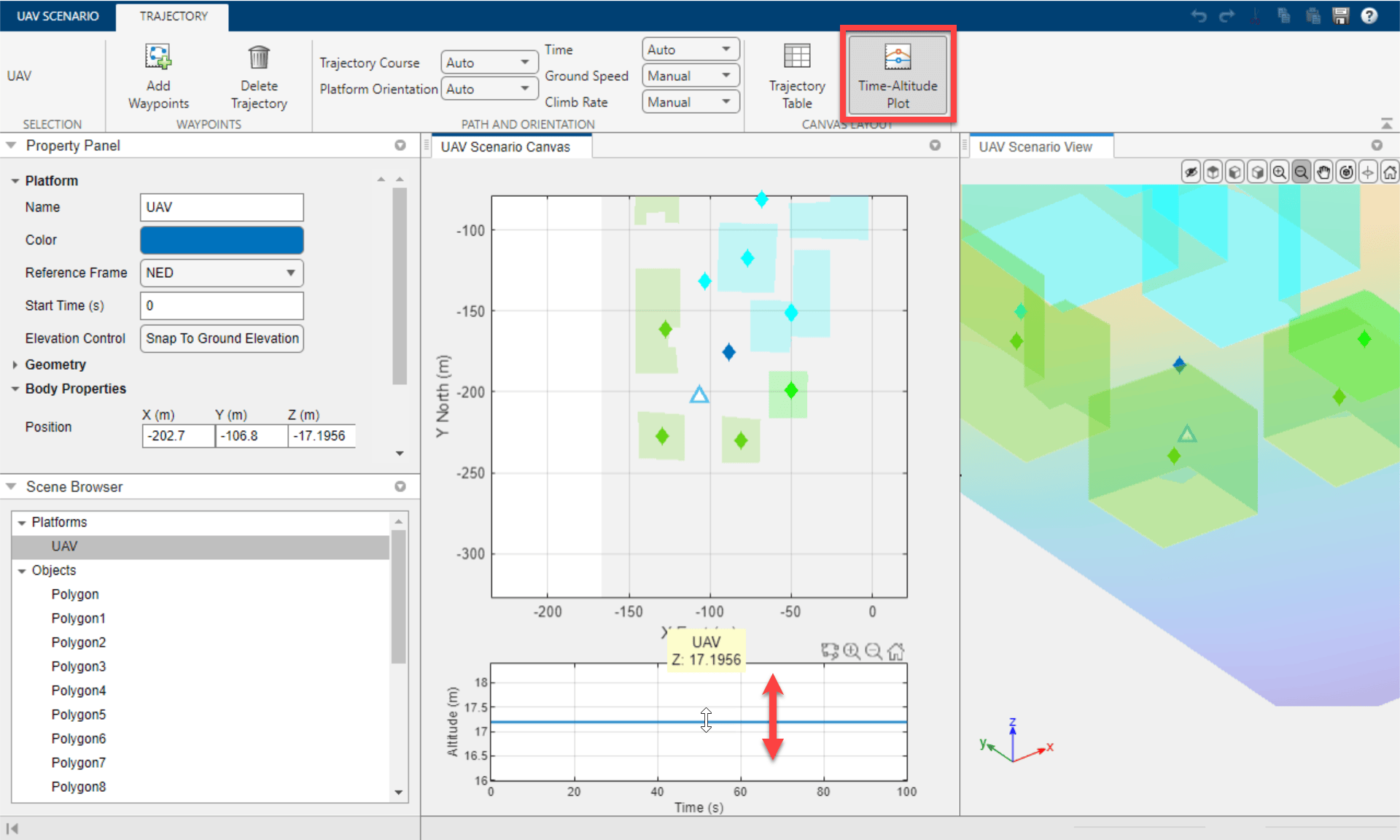 UAV Scenario Designer with Time-Altitude button highlighted and a time-altitude plot showing the UAV at Z = 17.1956 meters