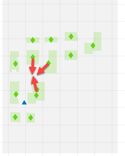 UAV Scenario Canvas showing buildings moved closer together with red arrows indicating repositioning directions