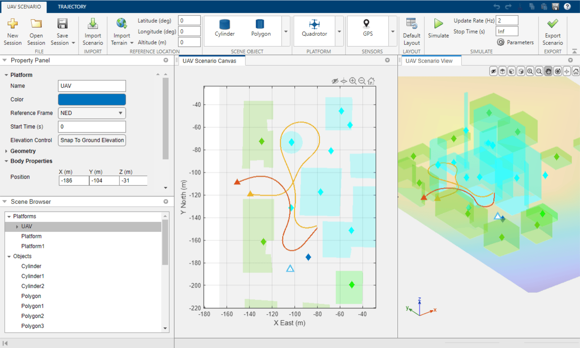UAV Scenario Designer showing a customized scenario with two UAV platforms, polygon buildings, cylinders, and trajectory paths