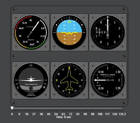 Six-panel flight instrument display showing airspeed, attitude, altimeter, turn coordinator, heading, and vertical speed gauges at time 0 sec.