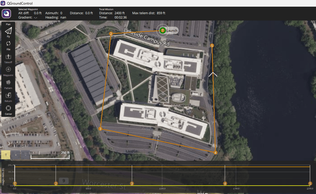 QGroundControl map view showing a 4-waypoint flight plan around the MathWorks campus in Natick, Massachusetts