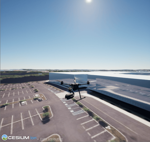 3D Cesium Ion simulation showing a quadcopter flying over buildings at the MathWorks campus