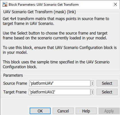UAV Scenario Get Transform block parameters with Source Frame set to platformUAV and Target Frame set to platformUAV2
