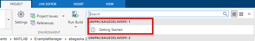 MATLAB project toolstrip with the Getting Started shortcut highlighted under UAVPACKAGEDELIVERY