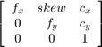 $$ \left[ {\begin{array}{ccc} f_{x} &#38; skew &#38; c_{x}\\ 0 &#38; f_{y} &#38; c_{y}\\ 0&#10;&#38; 0 &#38; 1\\ \end{array} } \right] $$