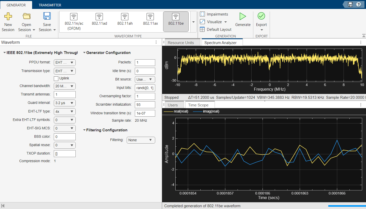 Wireless waveform generator app. The app shows the 802.11be waveform configuration parameters. The time scope and spectrum analyzer show the spectrum of the generated waveform.