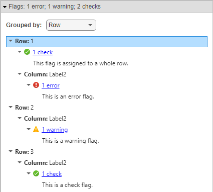 The Spreadsheet tab in a Safety Analysis Manager spreadsheet that has a flag of each type. Each flag has a description just below the link