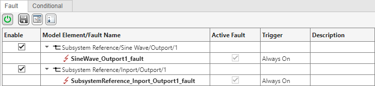 This image shows the fault table for an example containing a referenced subsystem. The fault in the referenced subsystem, SubsystemReference_Inport_Outport1_fault originates from the referenced subsystem. The parent model contains the fault from the reference.