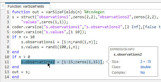 Code generation report, showing size of s.observations2