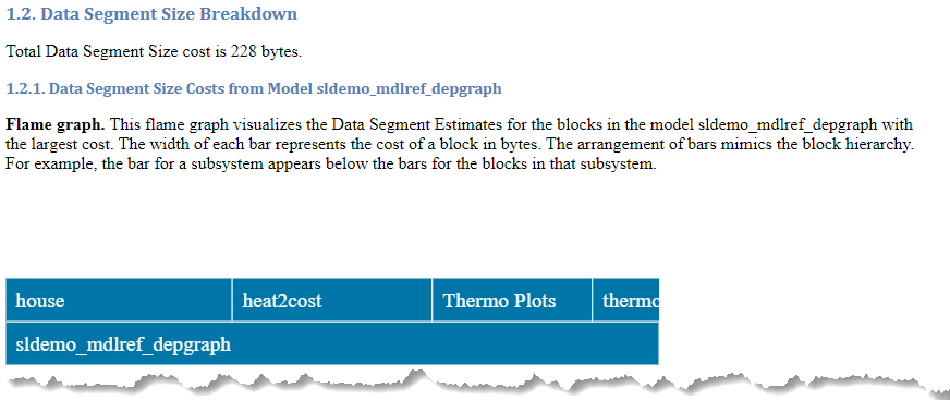 Portion of report showing data segment size breakdown and corresponding flame graph.