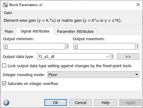 Block Parameters dialog for the a1 block. The Output data type is specified as f1_a1_dt.