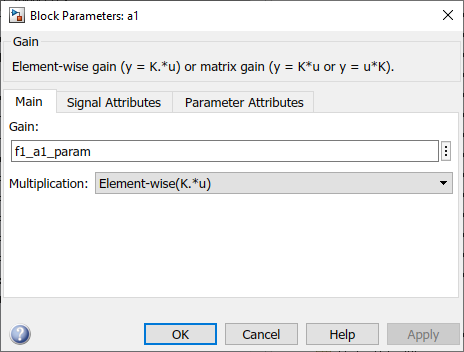 Block Parameters dialog for the a1 block. The block gain is set to f1_a1_param.