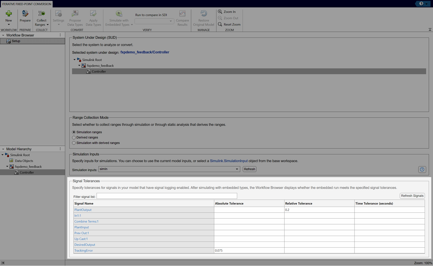 View of Setup pane in the Fixed-Point Tool. The Signal Tolerances section is highlighted.