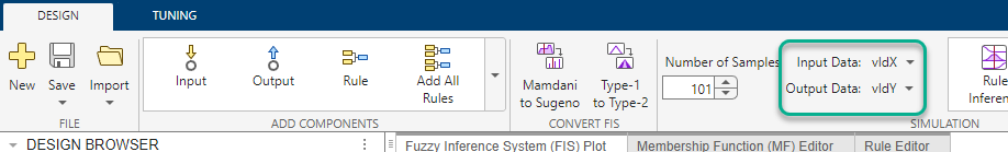 Design tab toolstrip highlighting the Input Data and Output Data drop-down lists in the Simulation section.