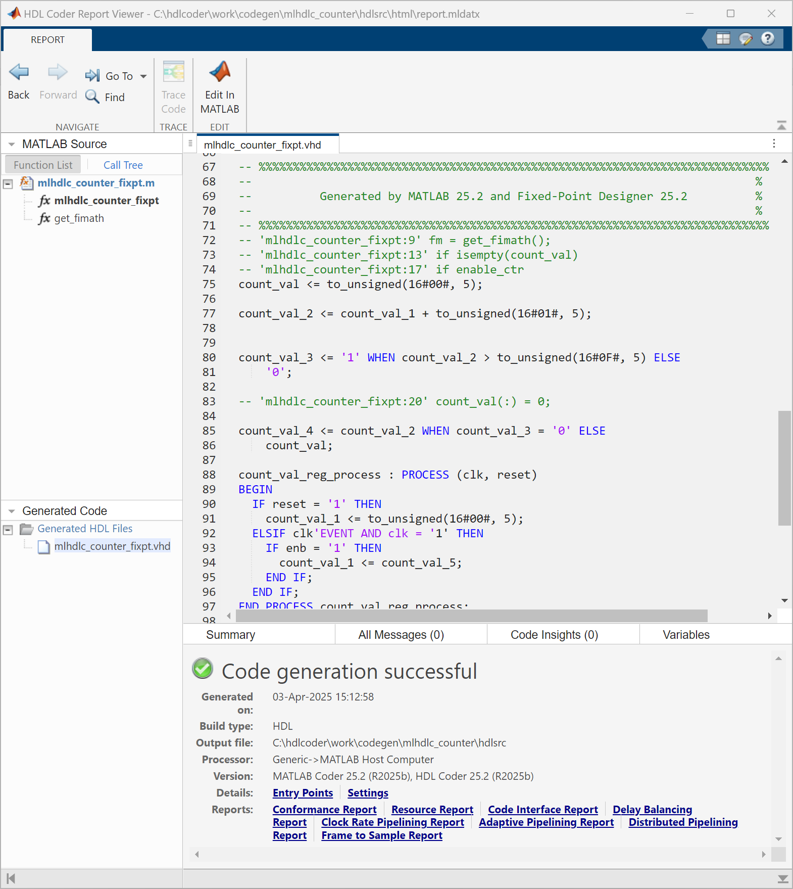 View of the HDL Coder Report Viewer. The upper left section shows the MATLAB source files. The bottom left displays the generated HDL files. The middle panel displays the contents of a highlighted file. The bottom panel provides a summary of the code generation process, featuring messages, code insights, and variables in successive tabs.
