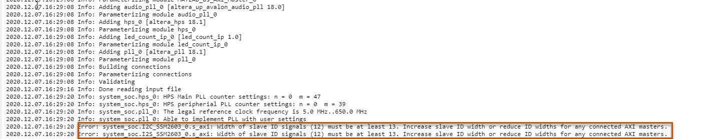 Log file that has error message for incorrect width of slave ID signals.