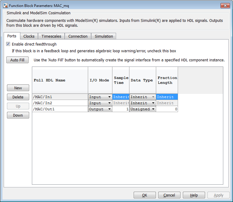 List of ports in the Function Block Parameter pane