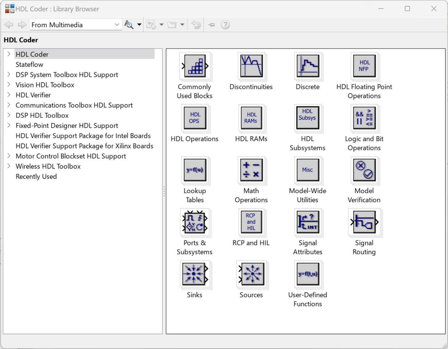 Choose the HDL Coder block set from the Library Browser