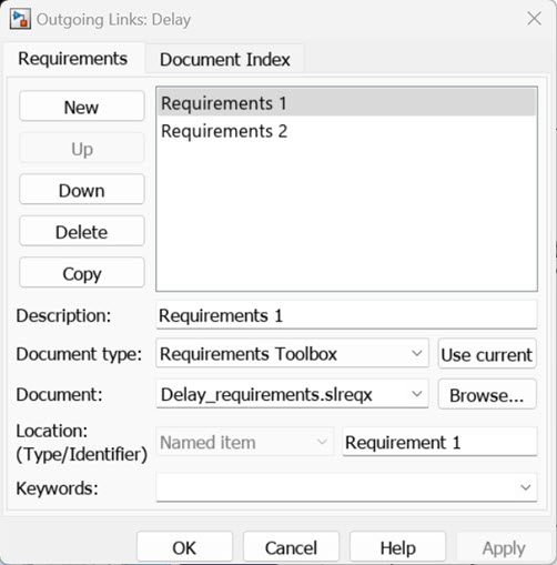 Outgoing Links diaglog box with sample details filled out such as Description, Document type, Document, and Location