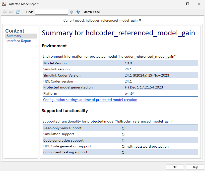 Protected model report for hdlcoder_referenced_model_gain