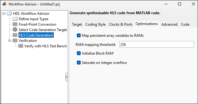 HDL Workflow Advisor. The option Map persistent array variables to RAMs is selected, and RAM mapping threshold is set to 256.