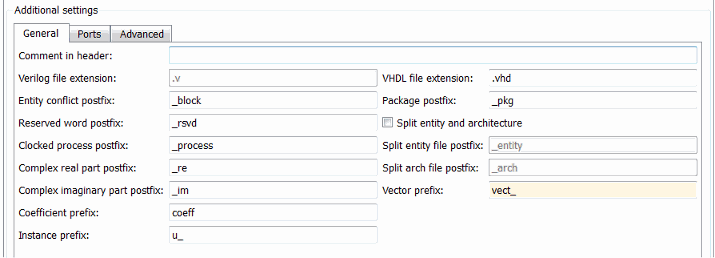 General tab under Global Settings in the Generate HDL tool