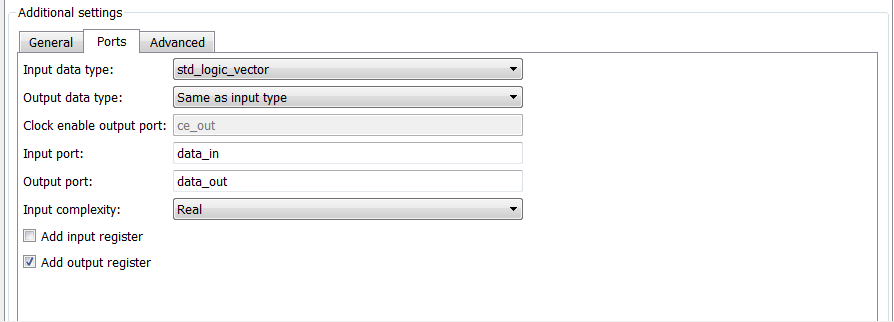 Ports tab of the Generate HDL tool, with the Add input register option unchecked