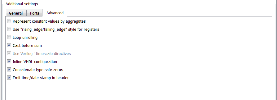Advanced tab under Global Settings in the Generate HDL tool