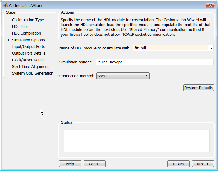 Cosimulation Wizard open on Simulation Options Pane, configured for Modelsim simulator.