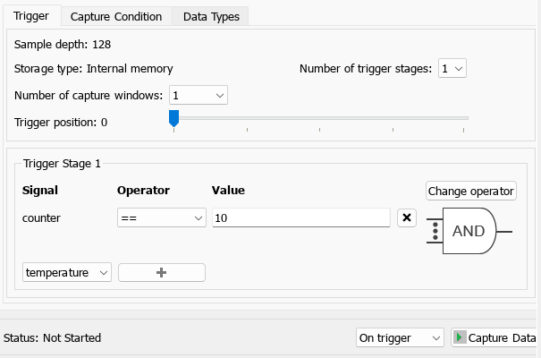 FPGA Data Capture screen showing trigger condition on counter signal