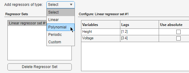 Add regressors selection for Polynomial is on the left.