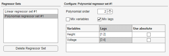 The Polynomial regressors #1 selection is on the left. The configuration parameters are on the right.