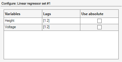 Regressor configuration table for Linear regressors #1