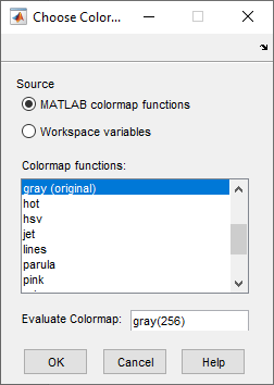 Choose Colormap tool with a list of MATLAB colormap functions.