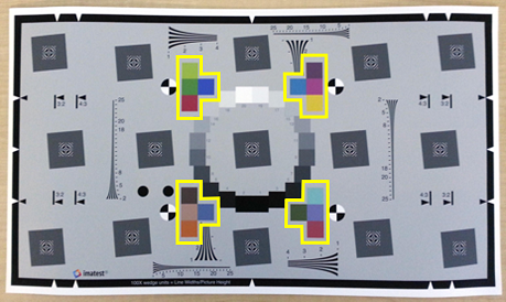 Extended eSFR test chart with four groups of four color patches each. Yellow polygons are overlaid on the image and encompass the outer border of the groups.