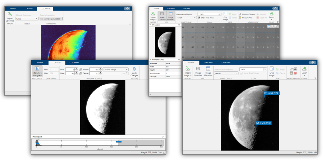 Montage of Image Viewer app capabilities, including colormaps, contrast adjustment, viewing pixel values, and measuring distances and areas