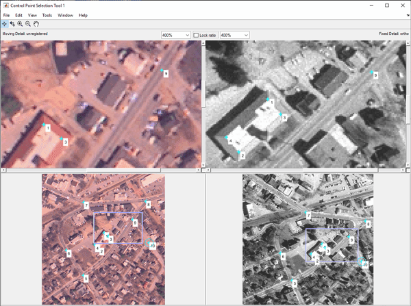 On the left side of the tool are a magnified view and overview of the moving image. On the right side of the tool are a magnified view and overview of the fixed image. The top menu has navigation and magnification tools.