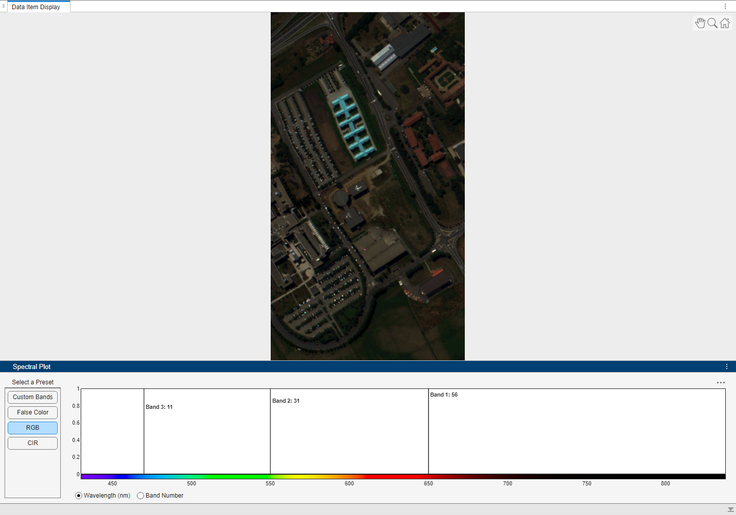 Hyperspectral image in RGB view in Spectral Image Labeler app.