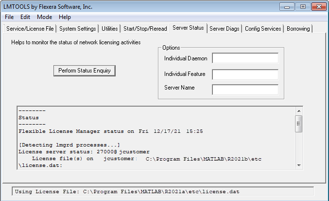 LMTOOLS dialog box, displaying the status of the license manager