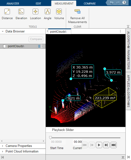 Measurement tab of the Point Cloud Analyzer app