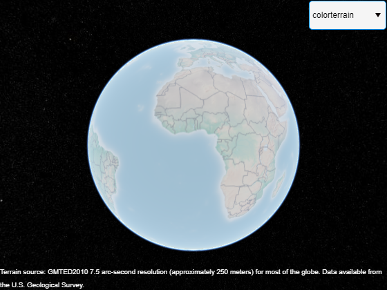 Geographic globe using a shaded relief map blended with a land cover palette. The drop-down menu is in the upper-right corner.