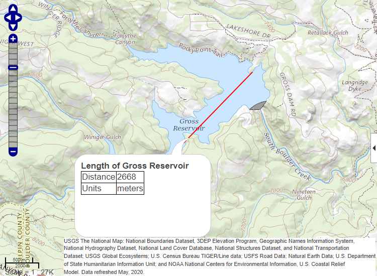 The same web map with a red line through the lake. A data tip shows the length of the line in meters.