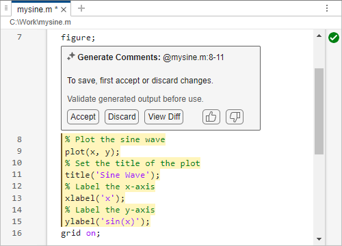 Code file in the Editor, showing selected code with added comments and a box labeled "Generate Comments." The box has buttons labeled "Accept," "Discard," and "View Diff," as well as buttons to provide positive or negative feedback.