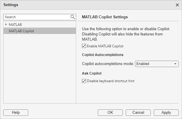 Ask Copilot Disable keyboard shortcut hint setting in the Settings window