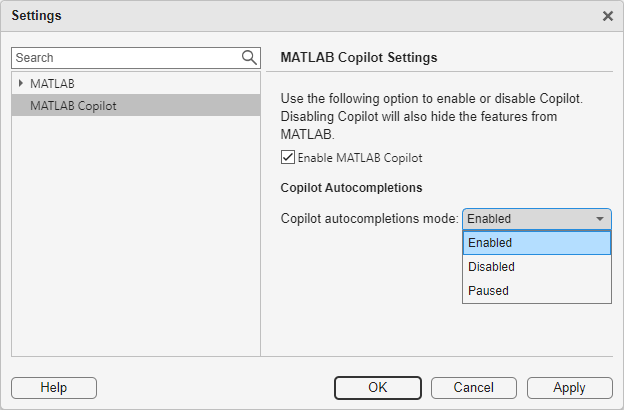 MATLAB Copilot Settings window displaying Copilot autocompletions mode options