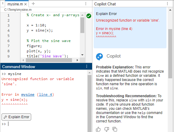 MATLAB desktop, showing an error in the Command Window along with an Explain Error button. The Copilot Chat panel shows an explanation of the error.