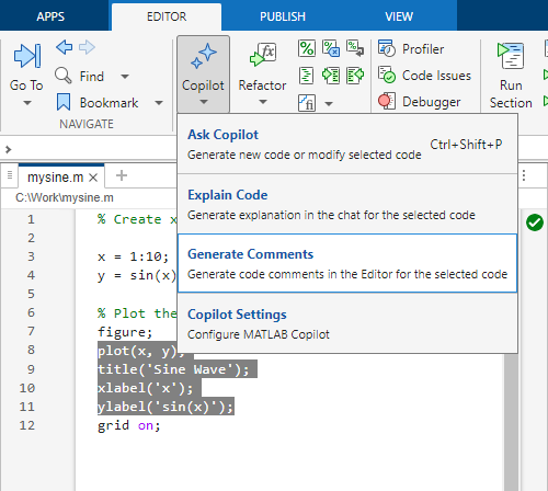 MATLAB desktop, showing selected code in the Editor and the Copilot > Generate Comments option on the Editor tab of the MATLAB Toolstrip.