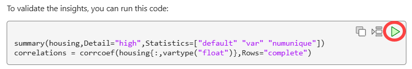 Validation code block in the Copilot Chat panel with a Run Code button