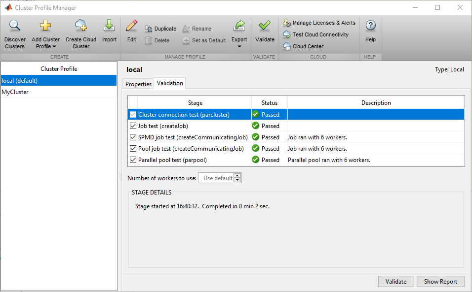 Cluster Profile Manager with the local cluster profile selected. The validation results for the local profile are shown in the right panel